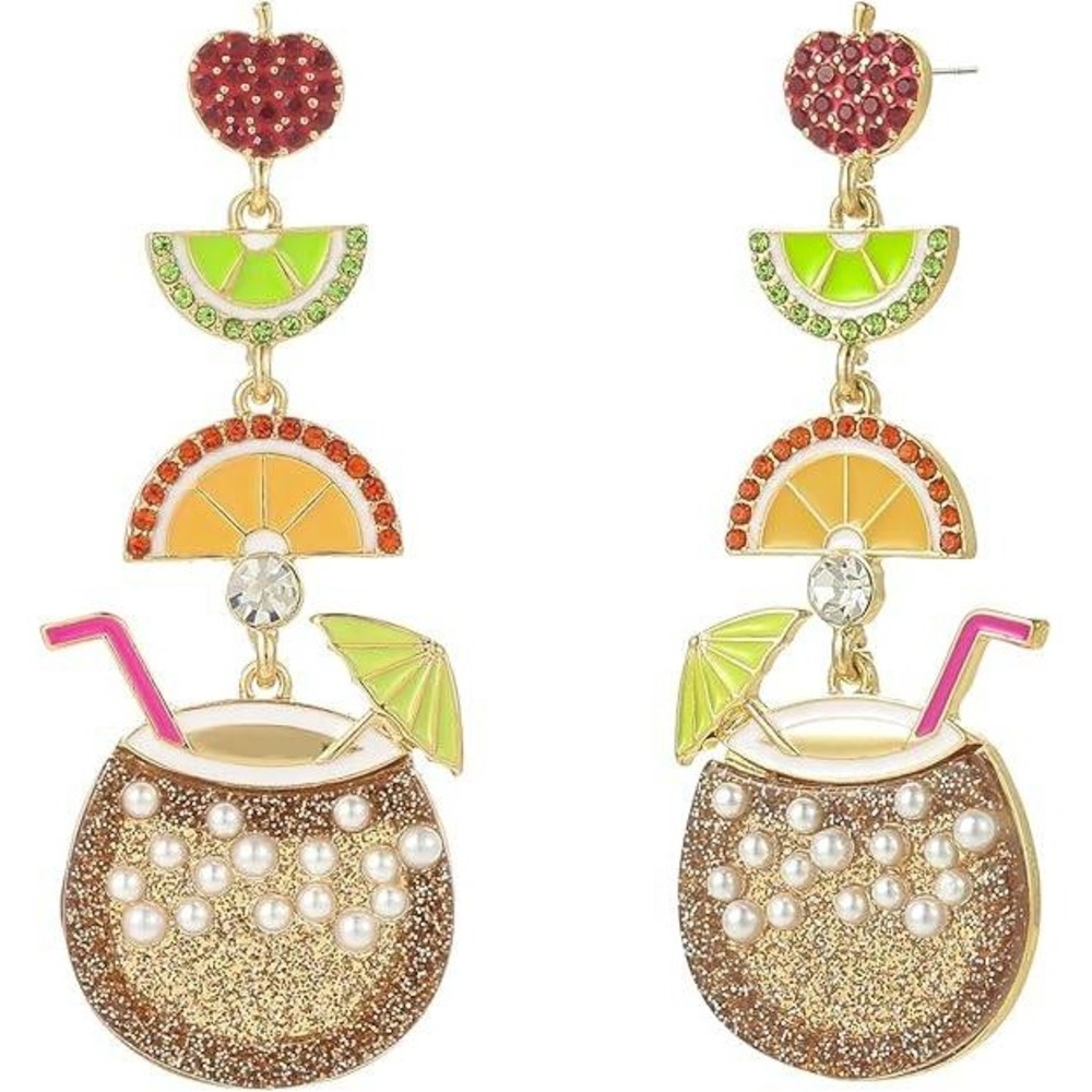 Whimsical Fruit Cocktail Coconut Drink Dangle Earrings Fun Summer Beach Vacation - Picture 2 of 6
